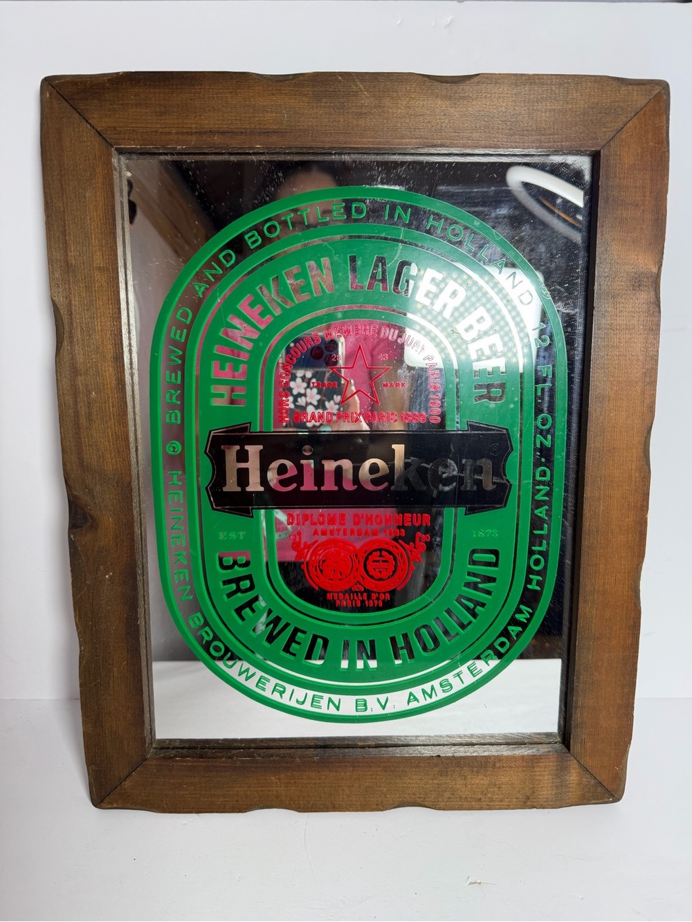 Vintage Heineken Lager Beer Mirror Sign Scalloped Wood Frame 15” x 18” Bar Decor